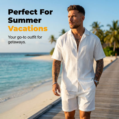 📢⏰👔 PROMO -50% ! Chemise Homme à Manches Courtes & Col Camp – Tissu Texturé Froissé, Léger, Respirant, Blanc, S-2XL