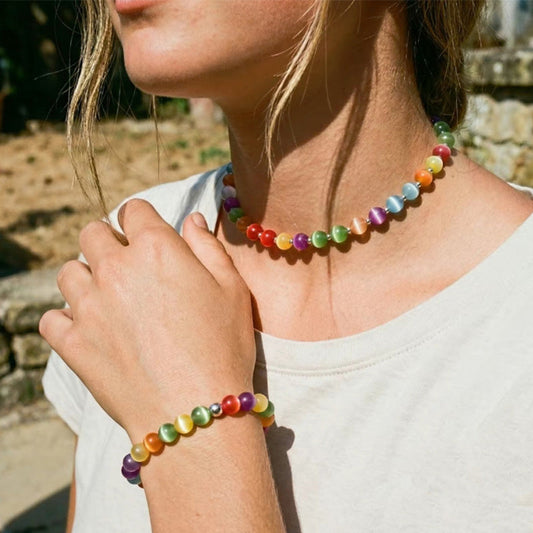 💎 PROMO LIMITÉE 50% DE RÉDUCTION ! ✨ Collier de Perles Œil-de-chat Arc-en-ciel – Chatoyant, Léger & Design Chic 🌈