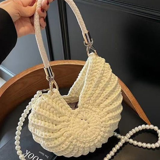 🐚✨ PROMO FLASH 50% ! Sac à Main Coquillage Tricot – Bretelles Duales (Chaîne Perles & Poignée Tressée), Léger, Style Bohème & Polyvalent 👒
