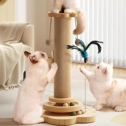 🐱 -50% ! 🎾 Centre d’Activités Multifonctionnel pour Chat – Bois Massif + Sisal – Griffoir + Piste à Billes + Jouet à Plume – Hauteurs 40/46/50 cm 🐾