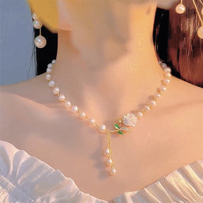 🥳 VENTE CHAUDE 2026🥳 Collier Rose et Perle & Boucles d'oreilles en Perle & Parfait pour les Photos💟