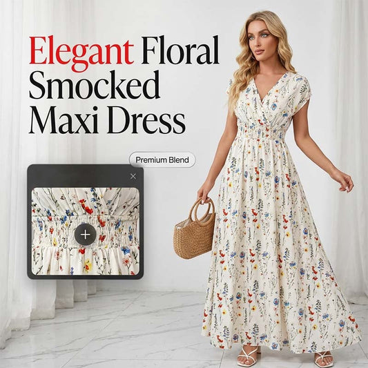 👗 PROMO LIMITÉE 50% DE RÉDUCTION ! ✨ Robe Longue Fleurie – Col V Élégant, Taille Smockée, Tombé Fluide 💃