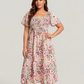 ⏰Soldes d'été : 50 % de réduction💃Robe midi à fleurs, col carré et smocks, avec poches