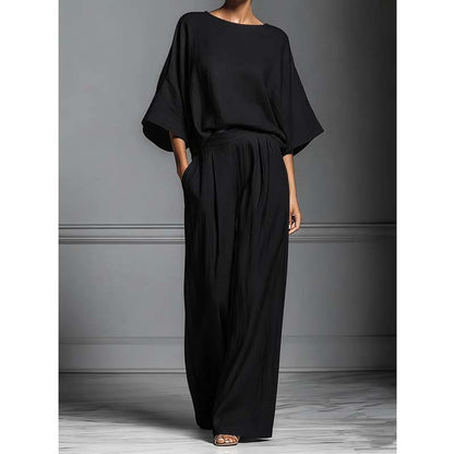 🏆 Ensemble deux pièces femme – Haut ample & pantalon large – Tissu fluide, coupe confortable & look élégant – parfait pour le bureau, les voyages ou les journées d’été 🌸