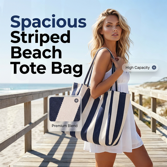 👜 50% DE RÉDUCTION 🏖️ Sac cabas de plage à rayures verticales classiques – Léger & spacieux – Lavable en machine, parfait pour courses, piscine ou week-end 🛍️