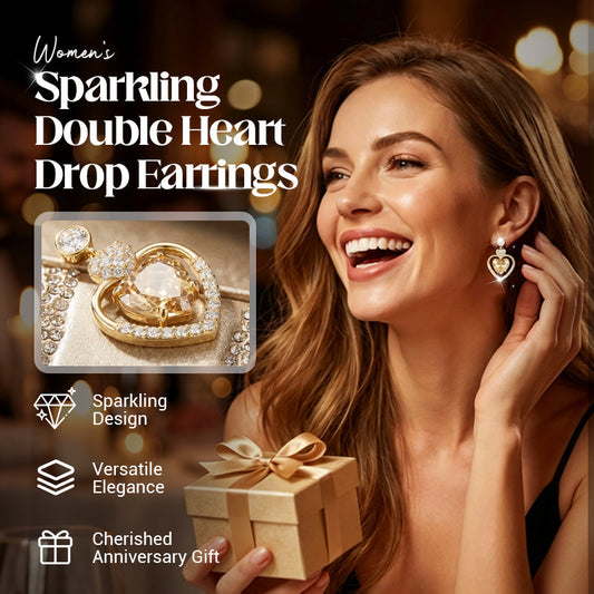 Boucles d'oreilles pendantes scintillantes à double cœur pour femme