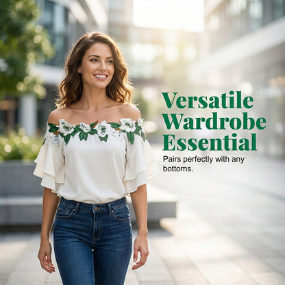 Top Romantique À Manches Volantées et Broderie Florale pour Femme