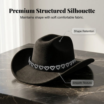 Chapeau Cowboy Strass Cœur pour Femme – Fédora Jazz Français Élégant