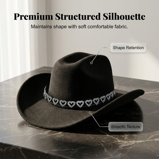 Chapeau Cowboy Strass Cœur pour Femme – Fédora Jazz Français Élégant