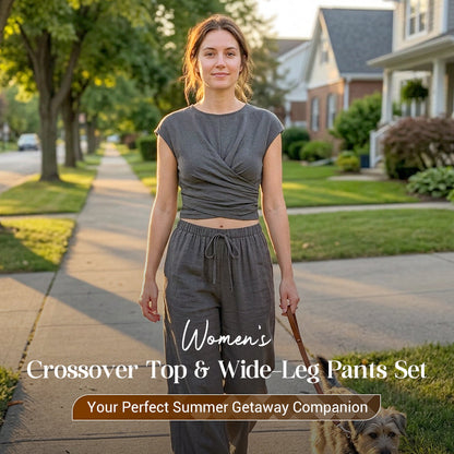 👗 OFFRE LIMITÉE -50% ! 💥 Ensemble Top Croisé & Pantalon Large pour Femme – Style Chic, Fluide et Élégant ✨