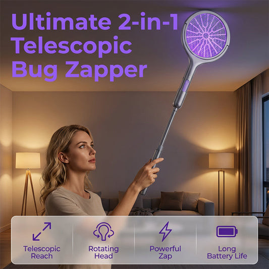 ✨ Raquette électrique télescopique 2-en-1 – Portée jusqu’à 118,5 cm, tête UV rotative, grille sécurité 3 couches – Rechargeable USB – Idéale pour murs et plafonds 🦟