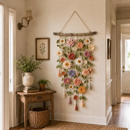 🌷 Fleur Murale Crochetée Artisanale — Style Bohème, Fleurs en Couches, Feuilles & Glands, Décoration Murale Chaleureuse ✨