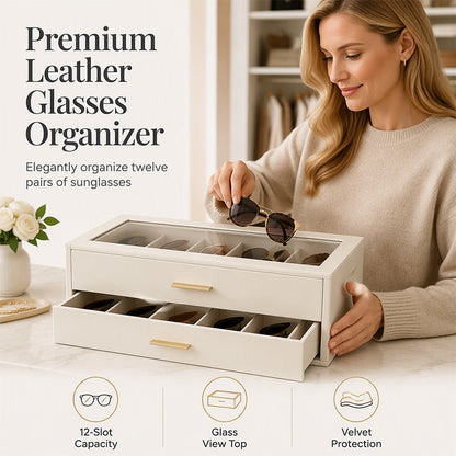 🕶️ Étagère à lunettes 2 niveaux – Boîtier transparent, 12 paires, cuir PU & verrou – Protection poussière & rangement élégant ✨
