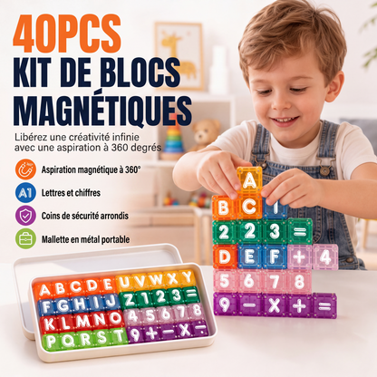🧲 40 blocs magnétiques 360° – Lettres & chiffres intégrés, empilage facile, sûr et durable – Apprentissage ludique pour enfants dès 3 ans 🔢🔤