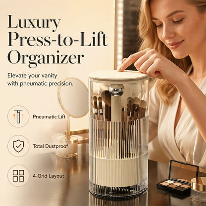 💄Organisateur de Pinceaux Maquillage Anti-Poussière – PET + ABS – Ouverture Presse-Soulever & Compartiments Multiples pour Coiffeuse
