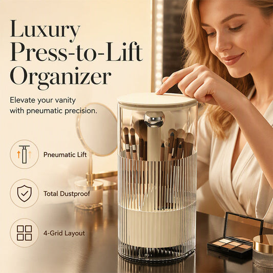 💄Organisateur de Pinceaux Maquillage Anti-Poussière – PET + ABS – Ouverture Presse-Soulever & Compartiments Multiples pour Coiffeuse