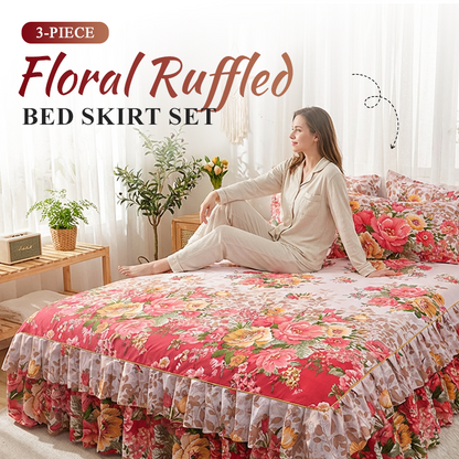 🛏️ Cache-Sommier 3 Pièces à Fleurs et Volants – Mélange Coton Haute Densité – 5 Tailles – Jupe de Lit + 2 Taies d’Oreiller pour Chambre 🌷