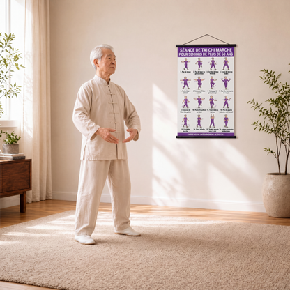 🧘 Affiche d’Exercices de Tai Chi pour Seniors – 60×40 cm – 16 Mouvements Illustrés – Version Marche ou Chaise – Guide Santé Quotidien 🏠
