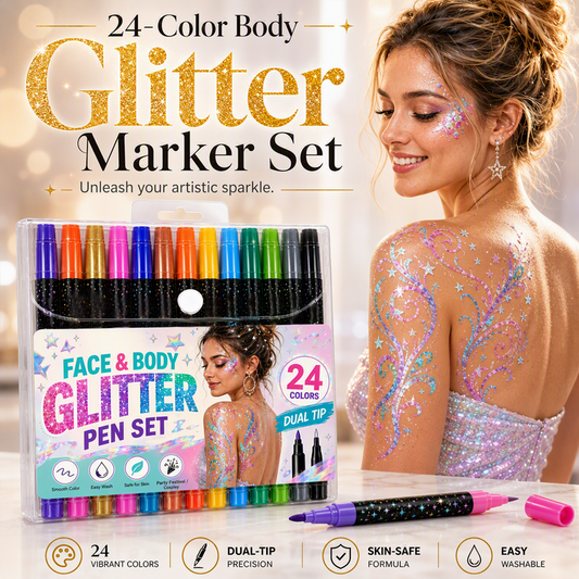 🎨🛒 -50% ! 🌟Marqueurs Pailetés pour Visage & Corps – Double Pointe, Encre Sûre & Résistant à la Transpiration