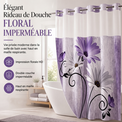 🚿 Rideau de douche double couche imprimé floral – Résistant à l'eau, panneau en maille laissant passer la lumière – 5 coloris au choix – Décoration élégante pour salle de bain 🌸