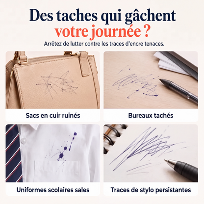 🖊️ Nettoyant pour taches d'encre et marqueur – Système goutte à goutte précis, 3 étapes faciles – Format 30/50 ml – Idéal pour cuir et surfaces de bureau – Résultat impeccable ✨