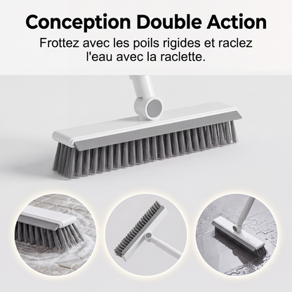 🧹 Brosse de nettoyage 2-en-1 – Poils résistants + raclette en caoutchouc, manche long ergonomique en inox – Tête pivotante 120°, rangement mural – Idéale pour sols, murs et carrelage 🚿✨