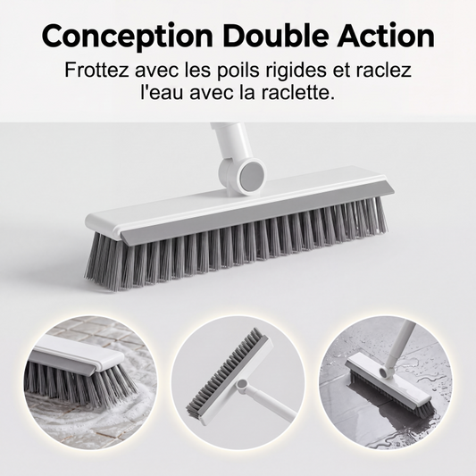 🧹 Brosse de nettoyage 2-en-1 – Poils résistants + raclette en caoutchouc, manche long ergonomique en inox – Tête pivotante 120°, rangement mural – Idéale pour sols, murs et carrelage 🚿✨