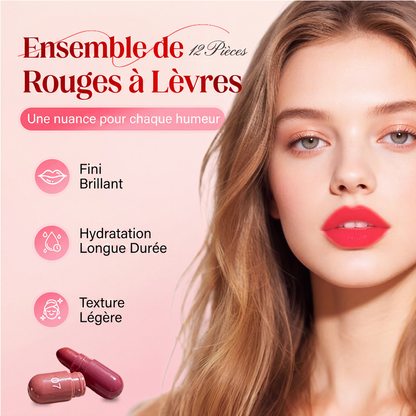 💄 Coffret 12 rouges à lèvres mats – Nuances vives, mini format capsule – Formule hydratante longue tenue, application lisse – Idéal pour toutes occasions 💋✨
