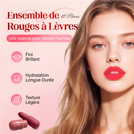 💄 Coffret 12 rouges à lèvres mats – Nuances vives, mini format capsule – Formule hydratante longue tenue, application lisse – Idéal pour toutes occasions 💋✨