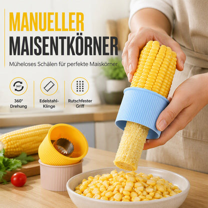 Égreneoir à maïs manuel – Lame en acier inoxydable dentée, design torsion et pression – Poignée ergonomique antidérapante – Matériau PP alimentaire – 3 coloris (jaune/bleu/beige) – Compatible maïs frais, cuit ou séché 🌽🔪
