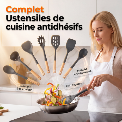 Set d'ustensiles de cuisine 12 pièces – Silicone antiadhésif, résistant à la chaleur – Manches en bois ergonomiques – Protection anti-rayures – 8 coloris disponibles