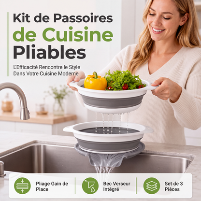 🍳💧 -50% ! 🧲Ensemble de 3 Passoires Pliables avec Socle Égouttoir – 3 Tailles, Gain de Place & Usage Polyvalent en Cuisine