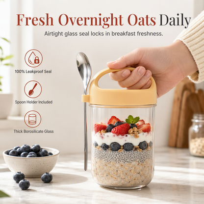 🥣 PROMO FLASH : 50% DE RÉDUCTION ! Bocal Portable en Verre Borosilicaté – Couvercle Étanche & Support Cuillère Intégré for Yaourt et Flocons d'Avoine Sans Fuite ✨
