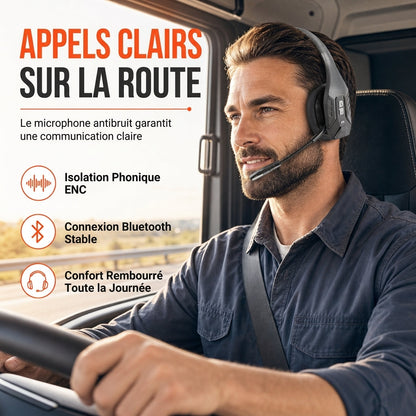 Casque de centre d'appels Bluetooth sans fil avec réduction de bruit ambiant ENC et appairage automatique, adapté au service client et aux conducteurs de camions